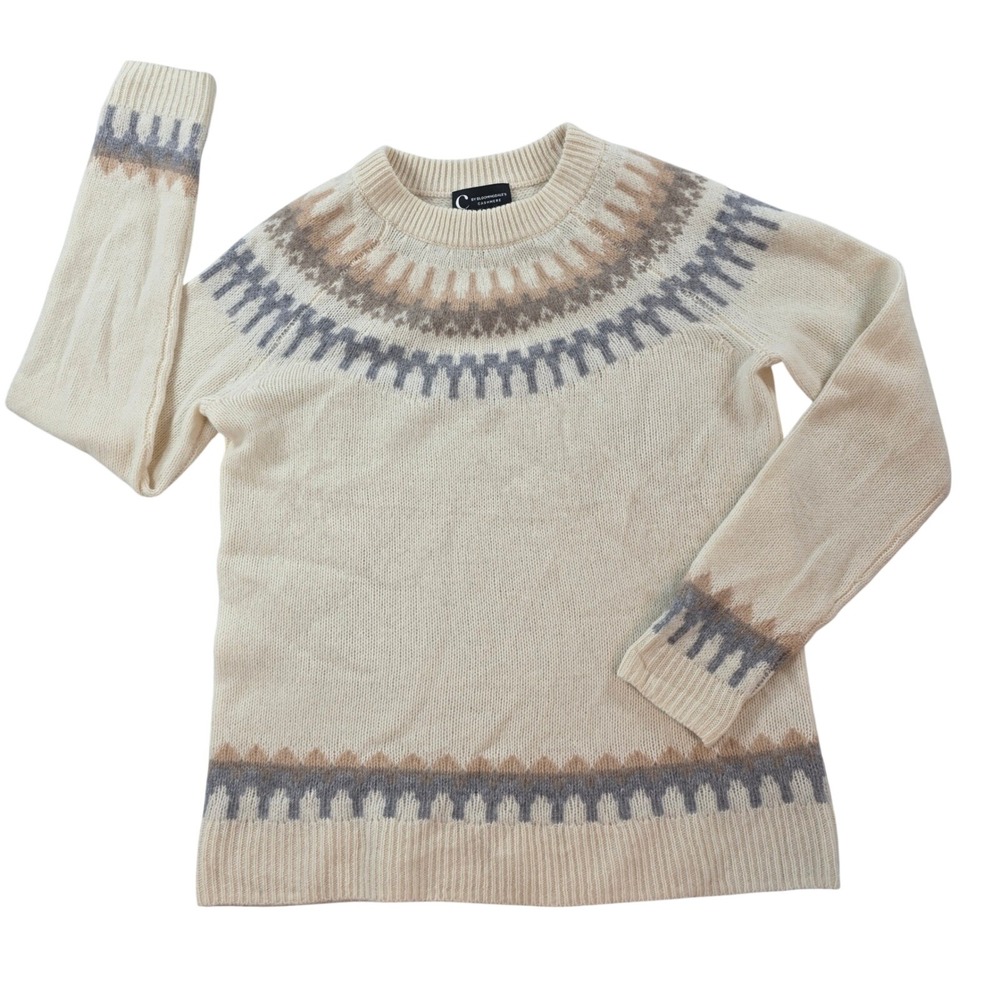 C by Bloomingdale's Women XS Cream Cashmere Fair Isle Crew Neck Sweater Raglan